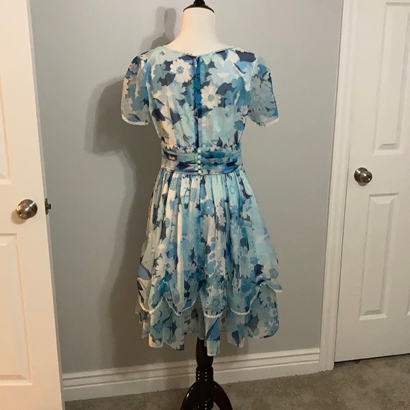 Vintage Blue Square Dance Floral Dress with Matching Ruched Belt Size Medium - Picture 2 of 7